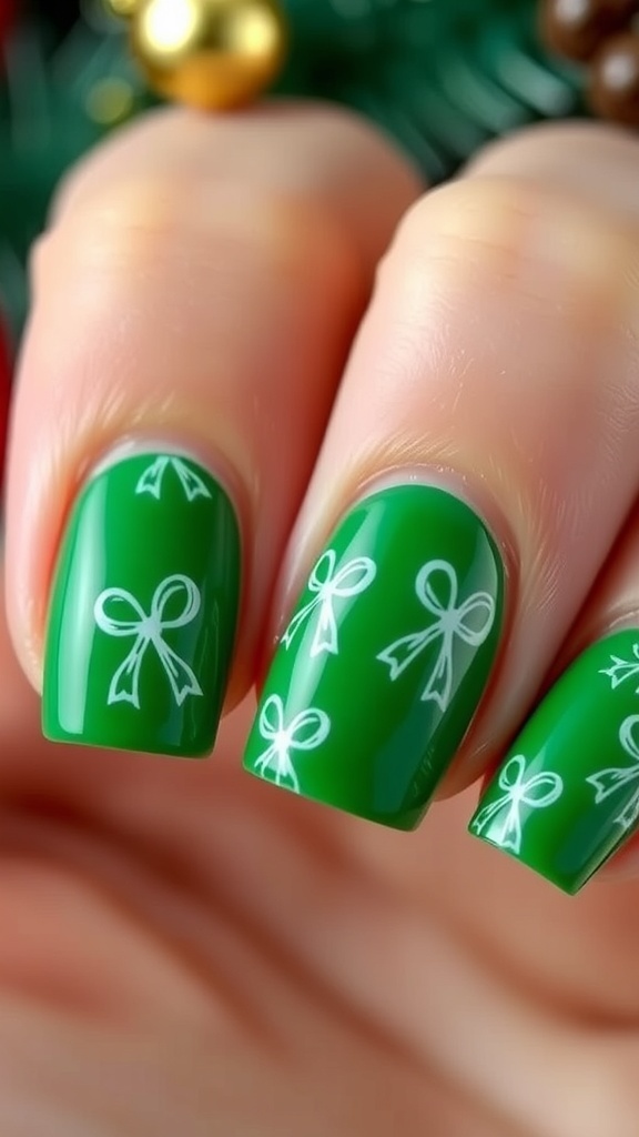 Close-up of green Christmas nails with white ribbon designs, decorated for the holiday season.